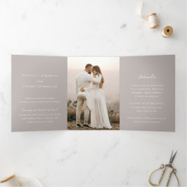 Convite Com Dobra Tripla Casamento Elegante Foto Bege Simples