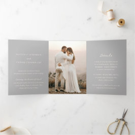 Convite Com Dobra Tripla Casamento Elegante Foto Cinza Simples