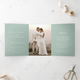 Convite Com Dobra Tripla Casamento Elegante Foto Verde Simples e Sofisticad