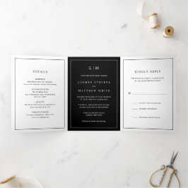 Convite Com Dobra Tripla Casamento Elegante Monograma Preto Simples