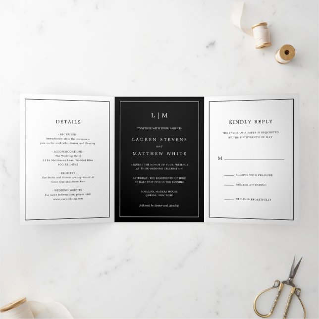 Convite Com Dobra Tripla Casamento Elegante Monograma Preto Simples (Dentro)