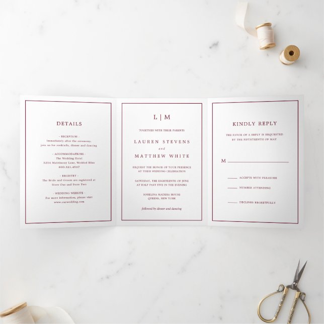 Convite Com Dobra Tripla Casamento Elegante Monograma Simples Borgonha (Dentro)