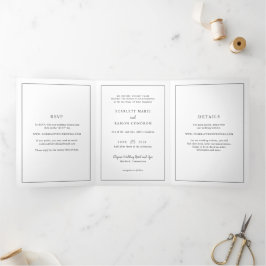 Convite Com Dobra Tripla Casamento Elegante Preto e Branco Atemporal