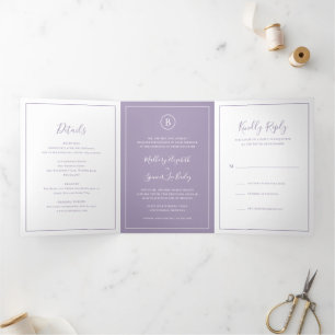 Convite Com Dobra Tripla Casamento Elegante Roxo Tradicional