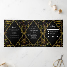 Convite Com Dobra Tripla Casamento Elegante Trifold Deco Preto Dourado 20's