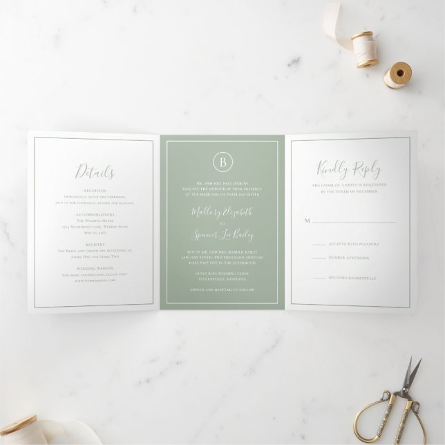Convite Com Dobra Tripla Casamento Elegante Verde Tradicional Sage (Dentro)