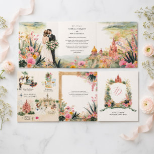 Convite Com Dobra Tripla Casamento em San Miguel de Allende em Aquarela