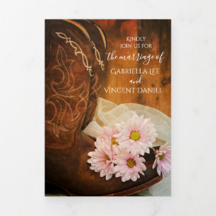 Convite Com Dobra Tripla Casamento entre Daisies e Cowboy Boots Western