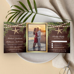 Convite Com Dobra Tripla Casamento Estrela-do-Mar Folhas de Palma Tropical 
