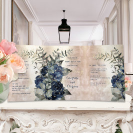 Convite Com Dobra Tripla Casamento Eucalyptus Azul, Marinho Dourado Champan