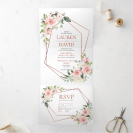 Convite Com Dobra Tripla Casamento Eucalyptus Floral, Cor-de-Pobra Cor-de-P