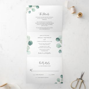 Convite Com Dobra Tripla Casamento Eucalyptus Rustic Elegante Greenery