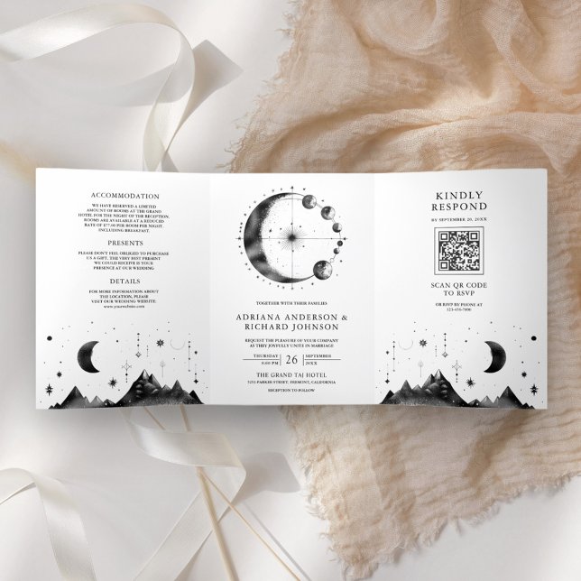 Convite Com Dobra Tripla Casamento Fases da Lua Crescente Preto Branco Cele (Criador carregado)