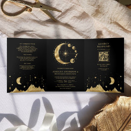 Convite Com Dobra Tripla Casamento Fases da Lua Crescente Preto Celestial D