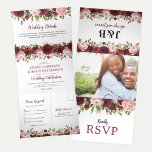 Convite Com Dobra Tripla Casamento Floral 3 em 1 Blush Burgundy<br><div class="desc">Tudo em um triplo convite floral rústico de casamento com um simples fundo branco,  elegante pincel e flores de cor-d-água burgundy,  detalhes de casamento,  convite de casamento e um cartão postal rsvp para seus convidados cortarem e enviarem de volta.</div>
