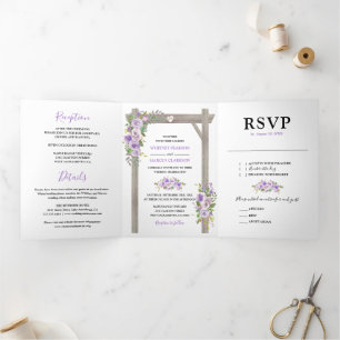 Convite Com Dobra Tripla Casamento Floral Aguarela Roxo Rústico 3 em 1