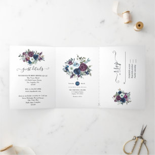 Convite Com Dobra Tripla Casamento Floral Ameixa e Azul Marinho