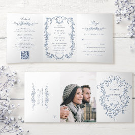 Convite Com Dobra Tripla Casamento Floral Azul Clássico Vitoriano