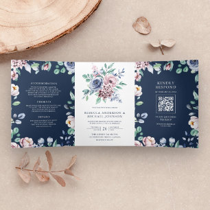 Convite Com Dobra Tripla Casamento Floral Azul e Rosa com Código QR Navy