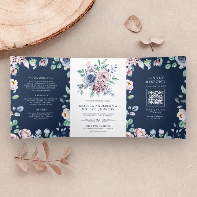 Convite Com Dobra Tripla Casamento Floral Azul e Rosa com Código QR Navy (Criador carregado)