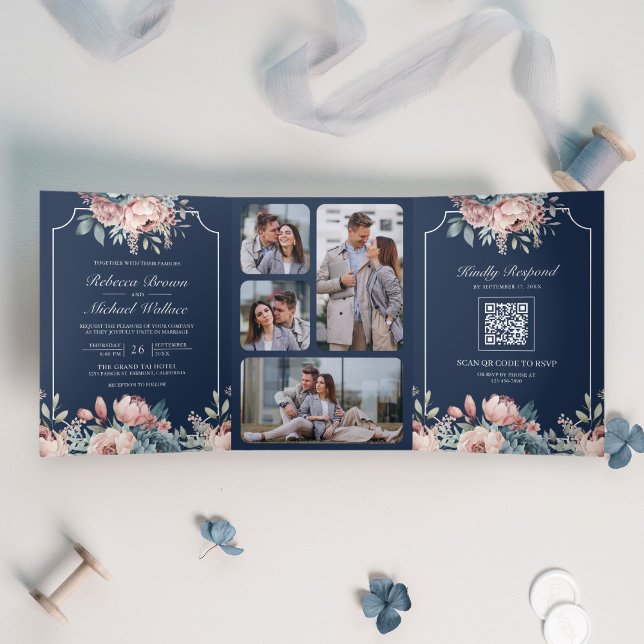 Convite Com Dobra Tripla Casamento Floral Azul e Rosa com Código QR Navy (Criador carregado)