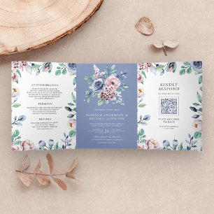 Convite Com Dobra Tripla Casamento Floral Azul Rosa Periwinkle Empoeirado C