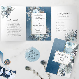 Convite Com Dobra Tripla Casamento Floral Azul Tudo em Um com RSVP