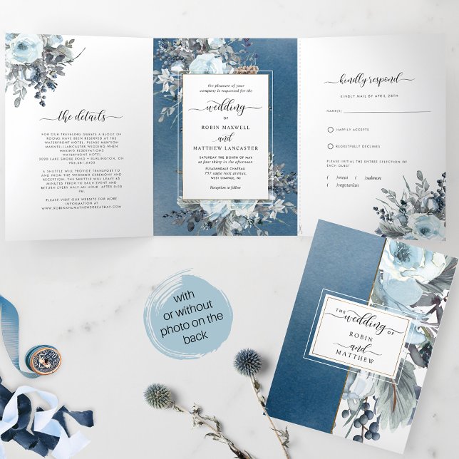 Convite Com Dobra Tripla Casamento Floral Azul Tudo em Um com RSVP (Criador carregado)