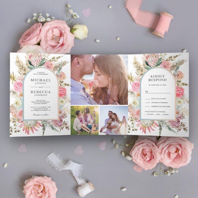 Convite Com Dobra Tripla Casamento Floral Boho de Grama de Pampas Rosa Cora (Criador carregado)
