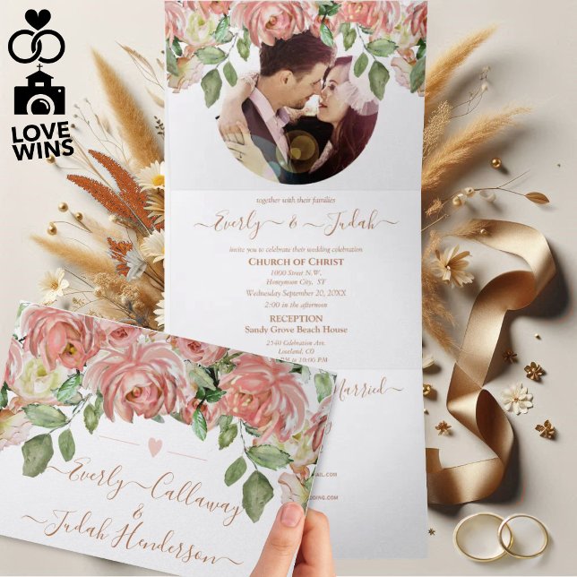Convite Com Dobra Tripla Casamento Floral Boho Rosa e Verde (Criador carregado)