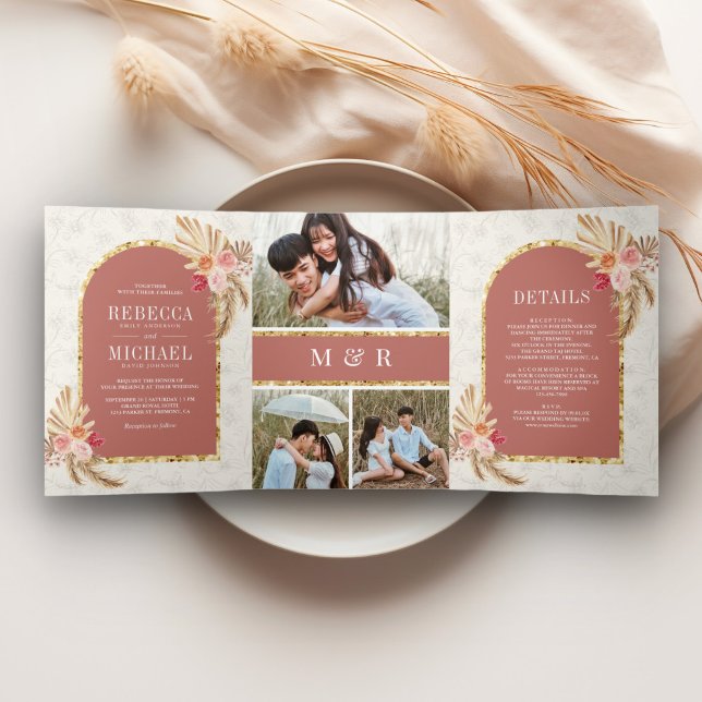Convite Com Dobra Tripla Casamento Floral Boho Terroso Pampas Canela Rosa (Criador carregado)