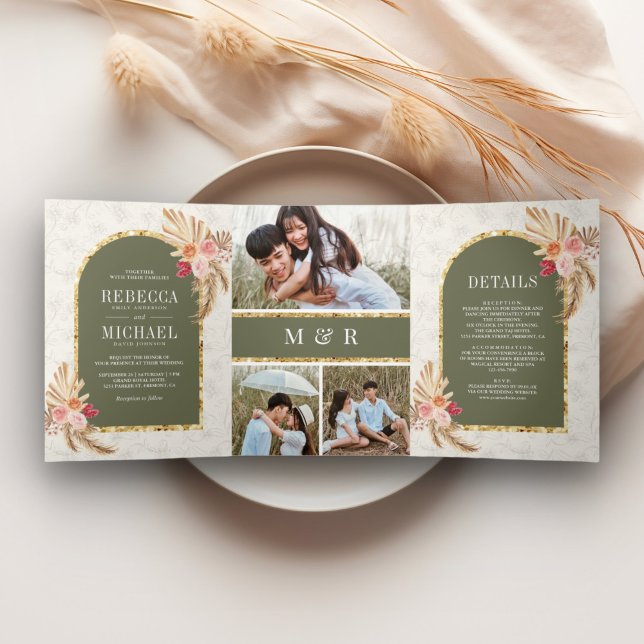Convite Com Dobra Tripla Casamento Floral Boho Terroso Pampas Verde Sage (Criador carregado)