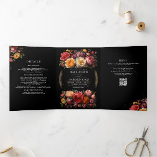 Convite Com Dobra Tripla Casamento Floral Botânico Negro Moody Luxury