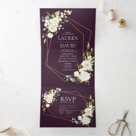 Convite Com Dobra Tripla Casamento Floral Branca de Plum Geométrico de Cobr