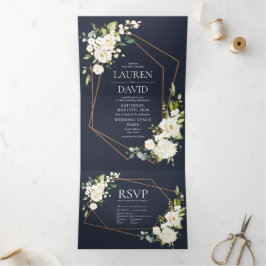 Convite Com Dobra Tripla Casamento Floral Branco Azul Geométrico de Cobre
