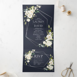Convite Com Dobra Tripla Casamento Floral Branco Azul Marinho Geométrico