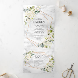 Convite Com Dobra Tripla Casamento Floral Branco Marble Geométrico de Cobre