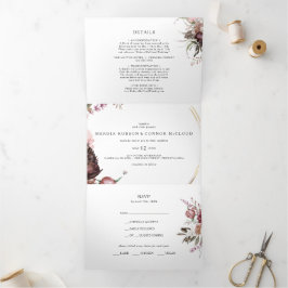 Convite Com Dobra Tripla Casamento Floral Burgundy Boho Tudo Em Um Triplo