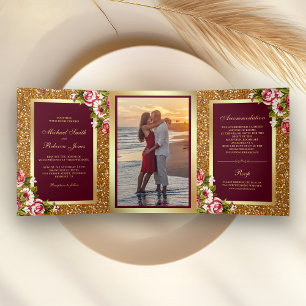 Convite Com Dobra Tripla Casamento Floral Burgundy Brilho Falso Dourado