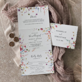 Convite Com Dobra Tripla Casamento Floral Clássico Selvagem Colorida