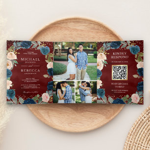 Convite Com Dobra Tripla Casamento Floral Código QR Burgundy Azul Naval Pês