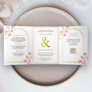 Convite Com Dobra Tripla Casamento Floral Código QR Flor de Cerejeira Rosa