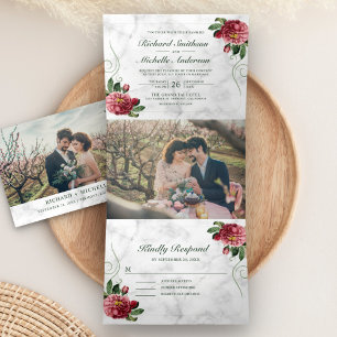 Convite Com Dobra Tripla Casamento Floral com Hydrangea, Rosa-Rústica Branc