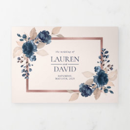 Convite Com Dobra Tripla Casamento Floral Cor-de-Rosa Azul, Dourada Marinho
