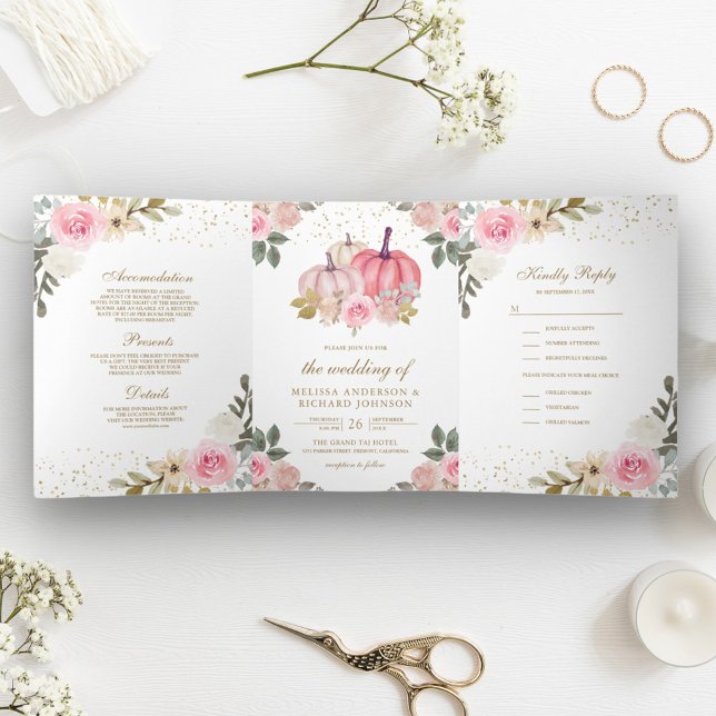 Convite Com Dobra Tripla Casamento Floral de Abóbora Rosa Rústico e Dourado (Criador carregado)