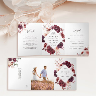 Convite Com Dobra Tripla Casamento Floral de Autumn Romance Watercolor