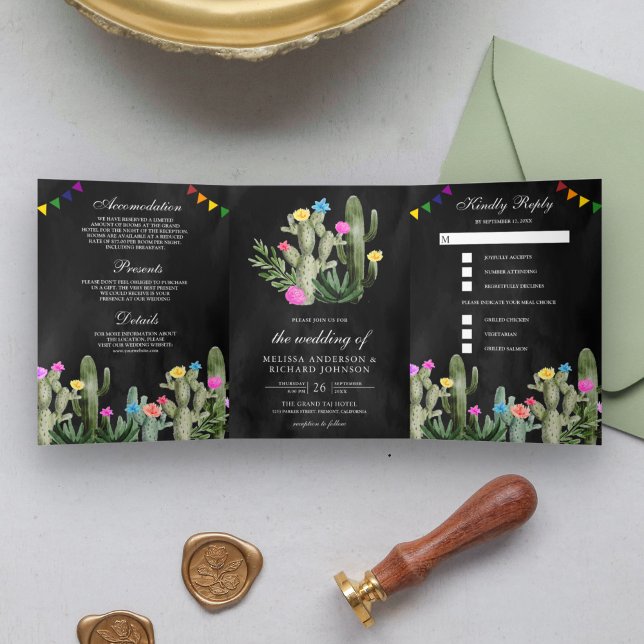 Convite Com Dobra Tripla Casamento Floral de Cacto Preto Fiesta Mexicana (Criador carregado)