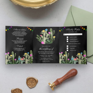 Convite Com Dobra Tripla Casamento Floral de Cacto Preto Fiesta Mexicana