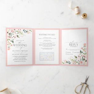 Convite Com Dobra Tripla Casamento Floral de Cor de Água Rosa Pêssego Ele