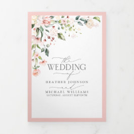 Convite Com Dobra Tripla Casamento Floral de Cor de Água Rosa Pêssego Elega